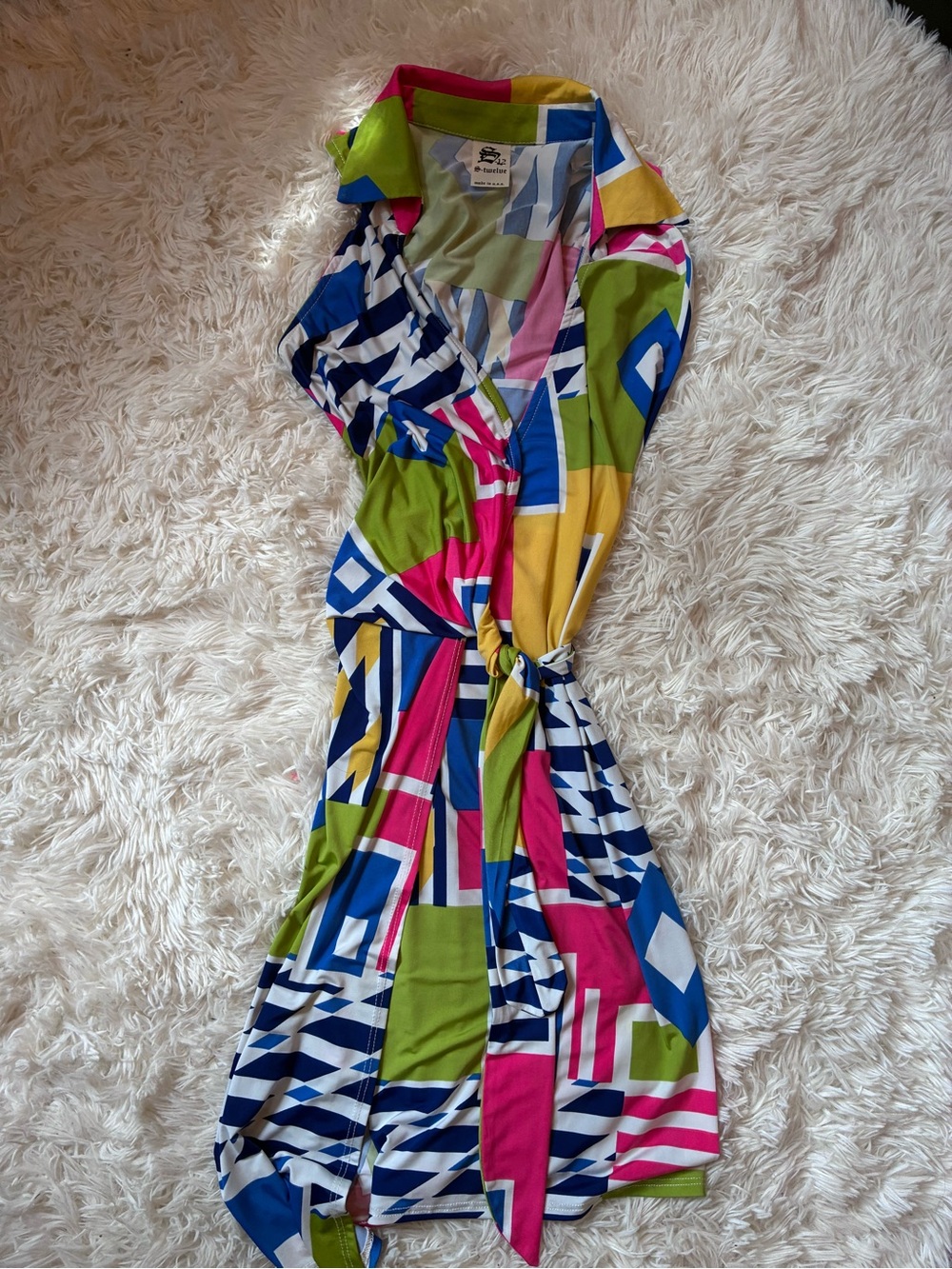 S-Twelve Multicolor Geometric Wrap Dress in Pink, Blue & Green